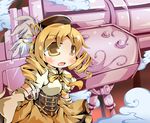  bad_id bad_pixiv_id blush carazuki chibi dress drill_hair gun hat huge_weapon magical_girl mahou_shoujo_madoka_magica open_mouth orange_dress solo tomoe_mami weapon 