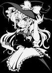  bow braid greyscale grin hair_bow hat highres kirisame_marisa long_hair macaroni_and_cheese monochrome smile solo touhou witch_hat 
