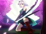  bike_shorts black_hairband blue_eyes boots cherry_blossoms cross-laced_footwear elbow_gloves full_moon gloves hairband highres katana koneko_(nonnkimono) konpaku_youmu lace-up_boots moon short_hair silver_hair solo sword touhou weapon 