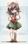  alba_(ep) blood blue_eyes blush bow brown_hair corpse_party hair_bow kirisaki_touko kneehighs long_hair missing_tooth ponytail school_uniform scissors solo 