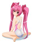  absurdres ahoge ass back bangs bare_shoulders barefoot blush bow competition_swimsuit di_gi_charat expressionless feet flat_chest from_behind from_side full_body hair_between_eyes hair_bow hair_intakes highres legs long_hair looking_at_viewer looking_back low_twintails one-piece_swimsuit pink_hair red_eyes shadow simple_background sitting soles solo spread_legs sugimura_tomokazu swimsuit twintails usada_hikaru very_long_hair wariza white_background 
