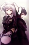  animal_ears brown_hair bunny_ears hat hat_removed headwear_removed highres inaba_tewi long_hair military military_uniform multiple_girls necktie purple_hair red_eyes reisen_udongein_inaba short_hair shuu_(sirokumasabu) smile touhou uniform 