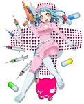  belt blue_hair blush bodysuit boots breasts cat cleavage cleavage_cutout curvy drugs female full_body gloves gun hat highres hips latex nurse nurse_cap open_mouth original pill pills short_hair solo syringe weapon white_background wide_hips yellow_eyes 