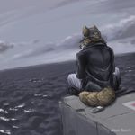  back background baseball_cap blue_mood canine clouds crossed_legs hat ipod jacket male norse_mythology ocean pier seaside silver_fenrir sitting solo tail tyr wolf 