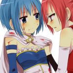  bad_id bad_pixiv_id bare_shoulders blood blood_on_face bloody_tears blue_eyes blue_hair cape clothes_grab cuts highres injury light_smile magical_girl mahou_shoujo_madoka_magica miki_sayaka multiple_girls orange_(bibiko) ponytail profile red_eyes sakura_kyouko short_hair simple_background tears upper_body 