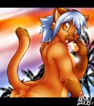  2008 amber_eyes breasts brown cat censored fang feline female grey_hair hair hairband inuki looking_at_viewer orange_eyes over_the_shoulder raised_tail short_grey_hair short_hair side_boob solo tail uploaded_automatically 