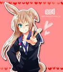  ;q animal_ears brown_hair bunny_ears bunny_tail cardigan hand_on_hip kubyou_azami long_hair one_eye_closed original school_uniform serafuku solo tail tongue tongue_out v 