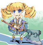  archer_(disgaea) axe bad_id bad_pixiv_id bare_shoulders belt blonde_hair blue_eyes blush carazuki disgaea dress drill_hair full_body holding holding_axe long_hair pantyhose pointy_ears shoes simple_background smile solo twintails weapon white_legwear white_sleeves 
