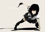 :p black_hair fingerless_gloves gloves glowing glowing_eyes highres knife ogipote one_eye_closed original outstretched_leg red_eyes school_uniform serafuku short_hair simple_background solo thighhighs tongue tongue_out 