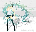  aqua_eyes aqua_hair bare_shoulders hatsune_miku headphones long_hair necktie panties pantyshot shirt skirt sleeveless sleeveless_shirt smile solo striped striped_panties thighhighs twintails underwear very_long_hair vocaloid vocaloid_(lat-type_ver) yurichi_(artist) 