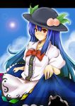  blue_hair blush bow food fruit hat highres hinanawi_tenshi long_hair oktbatch peach purple_hair red_eyes skirt smile solo touhou 