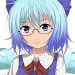  bad_id bad_pixiv_id bespectacled blue_eyes blue_hair bow cirno glasses hair_bow highres kinakomoti short_hair smile solo touhou wings 