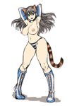  animal_ears armpits arms_behind_head black_hair bokkori boots breasts cat_ears cat_tail elbow_gloves gloves green_eyes large_breasts navel nipples open_mouth original panties sketch solo standing tail thick_thighs thighhighs thighs underwear 