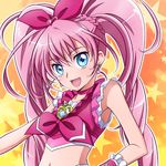  :d asahi_haru blue_eyes bow choker cure_melody earrings eyelashes heart houjou_hibiki jewelry long_hair magical_girl midriff navel open_mouth orange_background pink_bow pink_choker pink_hair precure smile solo star starry_background suite_precure twintails 