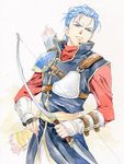  agahari arrow blue_eyes blue_hair bow_(weapon) bracer breastplate fingerless_gloves fire_emblem fire_emblem:_seisen_no_keifu gloves lester_(fire_emblem) long_sleeves male_focus paint_(medium) quiver scowl single_glove solo traditional_media weapon 