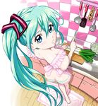  apron aqua_hair ass barefoot blue_eyes blush butt_crack downblouse foreshortening from_above hatsune_miku kitchen knife long_hair looking_at_viewer looking_back nearly_naked_apron panties solo spring_onion striped striped_panties underwear vocaloid yamashita_bungo 