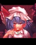  bad_id bad_pixiv_id bat_wings blue_hair cup fangs hat maryquant red_eyes remilia_scarlet short_hair solo teacup touhou wings 