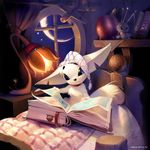  ambiguous_gender anry bed blanket blue_eyes book butterfly canine chest_tuft collar cub cute doll fluffy fox hat lamp magic moon pins solo studying unknown_species voodoo white window 