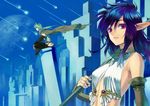  1girl bare_shoulders blue_hair cityscape day elf fantasy green_hair highres horn jewelry lips no_bra original planet pointy_ears purple_eyes shooting_star sky umiu_geso 