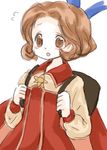  backpack bag blush brown_eyes brown_hair buumin cape carol_anderson coat cosplay hair_ribbon lilka_eleniak lilka_eleniak_(cosplay) lowres parody red_cape ribbon short_hair simple_background sketch solo surprised white_background wild_arms wild_arms_2 wild_arms_5 