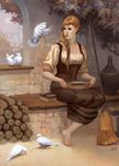  barefoot bird black_skirt braid broom cinderella corset jana_schirmer leaf log long_skirt orange_hair sitting skirt solo 