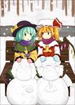  bad_id bad_pixiv_id bench fang flandre_scarlet hatomaru highres komeiji_koishi komeiji_satori mittens multiple_girls remilia_scarlet scarf sitting snow snowman touhou 