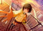  amagami bag black_eyes black_hair breath car city cityscape coat dutch_angle fisheye foreshortening from_above ground_vehicle haitaka headphones house light_smile md5_mismatch motor_vehicle mountain nanasaki_ai outstretched_arm outstretched_hand pleated_skirt school_uniform short_hair skirt smile solo sunset tower 