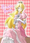  1girl blonde_hair blue_eyes blush breasts crown dress earrings elbow_gloves gloves highres jewelry long_hair mario_(series) pink_dress princess_peach small_breasts smile solo super_mario_bros. thighhighs yellow_dress 