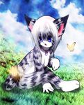  blue_eyes breasts butterfly cat collar fang feline female grass hair karin necklace nude sitting sky solo tetetor-oort white_hair 田代憂 