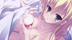  bed blonde_hair blush cleavage game_cg green_eyes kanemoto_akari kobuichi noble_works nude 