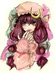  bow crescent hair_bow hand_to_own_mouth hat hat_bow lips long_hair nail_polish patchouli_knowledge purple_eyes purple_hair sketch sleeves_past_wrists solo tima touhou upper_body 