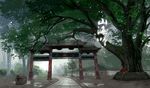  east_asian_architecture mugon no_humans oriental_umbrella original paifang park path puddle road scenery tree umbrella 