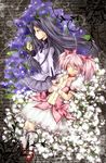  akemi_homura black_eyes black_hair black_legwear bubble_skirt closed_eyes flower gloves hair_ribbon hairband hands_on_own_stomach highres kaname_madoka kneehighs long_hair magical_girl mahou_shoujo_madoka_magica multiple_girls pantyhose pink_hair profile ribbon shoes short_hair skirt twintails white_gloves white_legwear yukim27 