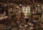  animal basket blonde_hair book bow broom buta_(jason13dead) cat chair cupboard desk fireplace flower hat hat_removed headwear_removed highres kirisame_marisa lamp lantern looking_back messy messy_room mirror mushroom reflection room sign sitting solo touhou vase window witch_hat 