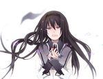  akemi_homura bad_id bad_pixiv_id black_hair blurry depth_of_field eyewear_removed glasses hairband hands_on_own_chest holding holding_eyewear kaguya_ame long_hair mahou_shoujo_madoka_magica open_mouth purple_eyes red-framed_eyewear solo tears upper_body wavy_mouth 