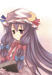  book bow crescent face hair_bow hat highres long_hair patchouli_knowledge purple_eyes purple_hair solo touhou upper_body verjuice 