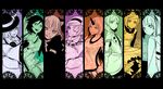  column_lineup everyone horn hoshiguma_yuugi kaenbyou_rin kisume komeiji_koishi komeiji_satori kurodani_yamame mizuhashi_parsee multiple_girls multiple_monochrome one_eye_closed open_mouth reiuji_utsuho roki_(shouka65) smile subterranean_animism touhou 