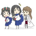  3girls :&lt; black_hair brown_hair chibi flower hair_flower hair_ornament head_wreath jitome kiyama_harumi long_hair lowres miniskirt multiple_girls o_o pantyhose pencil_skirt sakugawa_school_uniform saten_ruiko school_uniform serafuku shadow short_hair simple_background skirt skirt_flip sukonbupikotan tears to_aru_kagaku_no_railgun to_aru_majutsu_no_index triangle_mouth uiharu_kazari wavy_mouth 