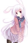  animal_ears bad_id bad_pixiv_id black_legwear blush bunny_ears bunny_tail casual long_hair original pantyhose pink_eyes purple_hair scarf simple_background sleeves_past_wrists smile solo tail very_long_hair white_hair yonema 