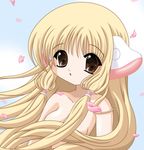  blonde_hair brown_eyes chii chobits long_hair naked no_shirt nude petals robot_ears topless 
