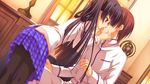  1girl black_hair black_legwear blue_skirt brown_hair from_side game_cg hands_on_another's_cheeks hands_on_another's_face hetero indoors kiss kobuichi long_hair masamune_shizuru noble_works pantyhose profile red_eyes skirt 