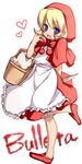  apple apron bare_arms basket blonde_hair blue_eyes bow bulleta character_name dagger dress food fruit full_body happy heart holding holding_dagger holding_weapon hood kosumo red_dress ribbon shawl shoes short_hair simple_background solo vampire_(game) weapon 