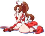  ass blush breasts brown_eyes brown_hair closed_fan fan fatal_fury folding_fan huge_ass long_hair looking_back medium_breasts ponytail revealing_clothes shiranui_mai sideboob simple_background sitting solo the_king_of_fighters ueda_torini wariza 