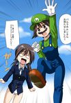  bad_id bad_pixiv_id blazer blue_overalls brown_eyes brown_hair cosplay facial_hair fake_facial_hair fake_mustache gertrud_barkhorn green_hat green_shirt hat highres jacket jumping k-on! ken_(haresaku) long_hair luigi luigi_(cosplay) mario_(series) miyafuji_yoshika multiple_girls mustache overalls panties school_uniform shirt short_hair strike_witches super_mario_bros. translated twintails underwear world_witches_series 