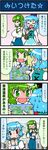  4koma artist_self-insert blue_hair breasts cameo comic dragon_quest dragon_quest_i eating egg green_eyes green_hair heterochromia highres kochiya_sanae map medium_breasts mizuki_hitoshi multiple_girls nose_plug real_life_insert tatara_kogasa touhou translated 