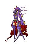  black_sclera boots breasts cleavage cleavage_cutout desco_(disgaea) disgaea earrings full_body gloves half-skirt horns jewelry large_breasts long_hair makai_senki_disgaea_4 monster_girl multicolored_hair older oversized_limbs pink_hair pointy_ears purple_footwear purple_hair red_eyes solo squemezzo standing tail thigh_boots thighhighs white_background 