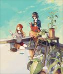  bad_id bad_pixiv_id birdcage black_hair blonde_hair book brown_eyes cage hair_ornament hairclip jewelry ladder long_hair multiple_girls necklace original plant potted_plant short_hair sitting sky yuuichi_(bobobo) 