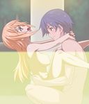  1boy 1girl bath blonde_hair blue_eyes blush breasts charlotte_dunois girl_on_top hug infinite_stratos long_hair mixed_bathing naked nipples nude open_mouth orimura_ichika partially_submerged sex short_hair tongue vaginal water wet 