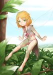  absurdres bad_id bad_pixiv_id barefoot blonde_hair day fairy fairy_wings green_eyes highres jewelry leaf minigirl navel original outstretched_arms pendant pointy_ears short_hair sky solo spread_arms ss39 tree wings 