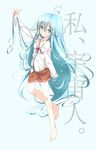  antenna_hair bad_id bad_pixiv_id bare_legs barefoot blue_eyes blue_hair curly_hair denpa_onna_to_seishun_otoko feet hand_in_hair highres long_hair maetaku off_shoulder school_uniform skirt smile solo sparkle touwa_erio very_long_hair 